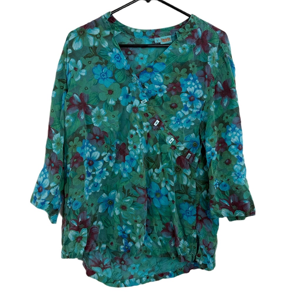Tianello Floral Top Womens Small Green Wrap Buttons V Neck Artsy Boho